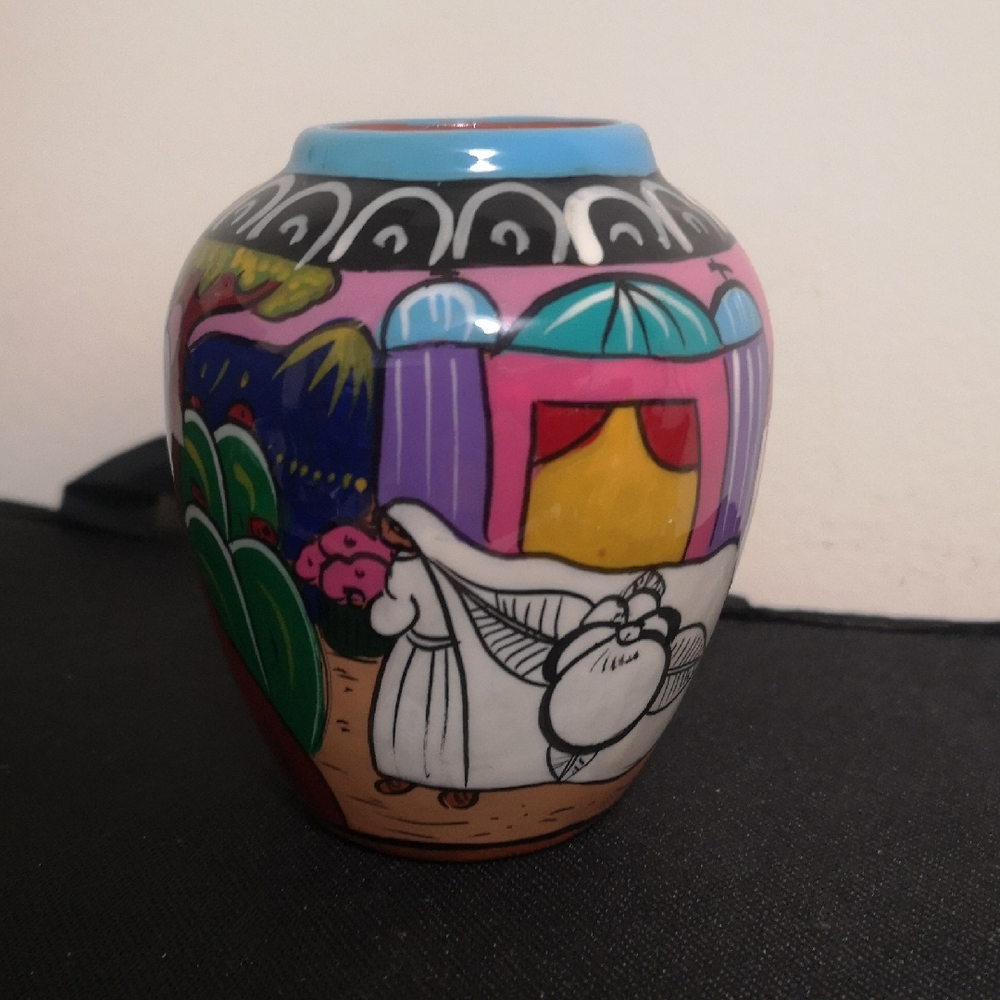 Beautiful Vintage Hand-Painted Vibrant Redware Vase Isidoro Mexico Wedding Scene